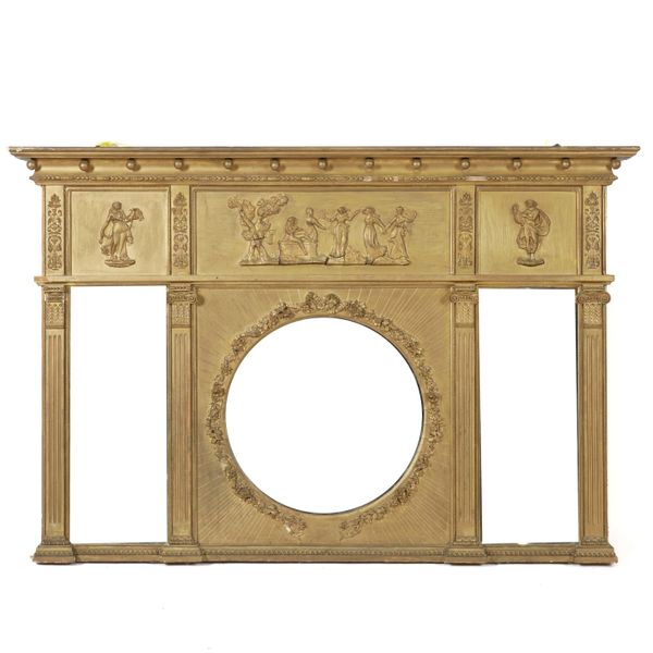 A REGENCY STYLE GILT FRAMED TRIPLE PLATE OVERMANTEL WALL MIRROR