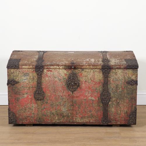 A 17TH CENTURY POLYCHROME PAINTED OAK DOME TOP TRUNK
