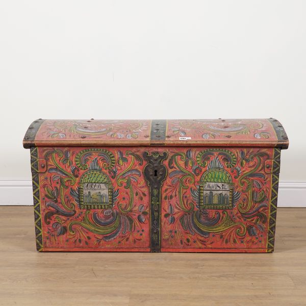 A MID 19TH CENTURY NORTH EUROPEAN POLYCHORME PAINTED IRON BOUND DOME TOP TRUNK