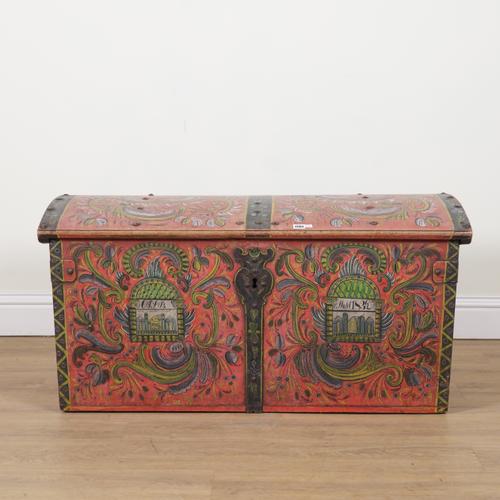 A MID 19TH CENTURY NORTH EUROPEAN POLYCHORME PAINTED IRON BOUND DOME TOP TRUNK
