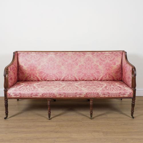 A REGENCY MAHOGANY FRAMED SQAURE BACK OPEN ARM SETTEE