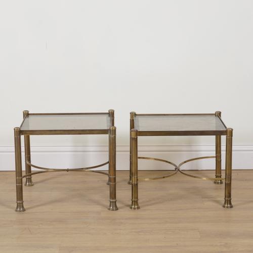 A PAIR OF MID 20TH CENTURY LACQUERED BRASS AND SMOKED GLASS SQUARE OCCASIONAL TABLES (2)