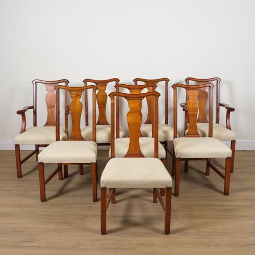 A SET OF EIGHT 18TH CENTURY STYLE FRUITWOOD FRAMED VASE BACK DINING CHAIRS (8)