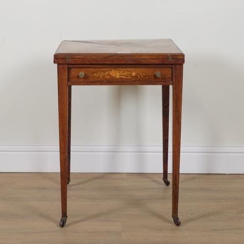 AN EDWARDIAN FLORAL MARQUETRY INLAID ROSEWOOD ENVELOPE CARD TABLE