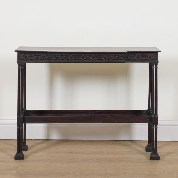 A CHINESE CHIPPENDALE STYLE MAHOGANY BREAKFRONT TWO TIER CONSOLE TABLE
