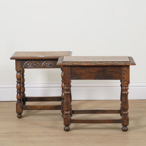A 17TH CENTURY STYLE CARVED OAK JOINT STOOL (2)