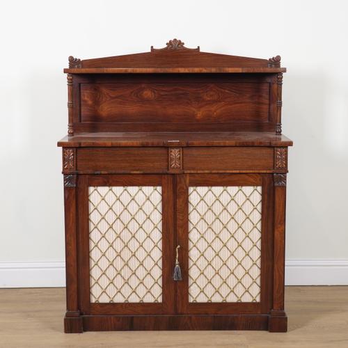 A LATE REGENCY ROSEWOOD SHELF BACK CHIFFONIER