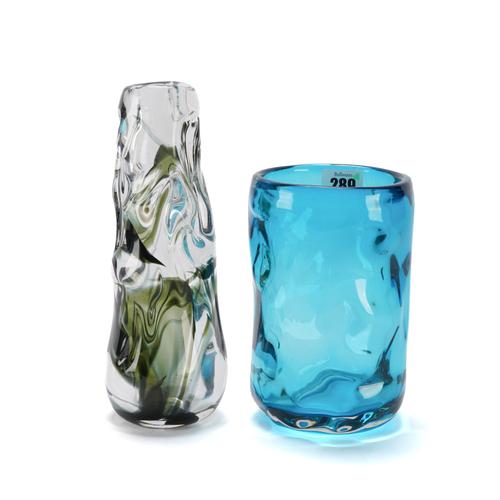 A WHITEFRIARS 'KNOBBLY' GLASS VASE AND LAMPBASE (2)