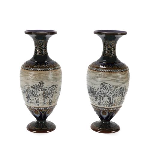 A PAIR OF DOULTON LAMBETH STONEWARE VASES BY HANNAH BARLOW (2)