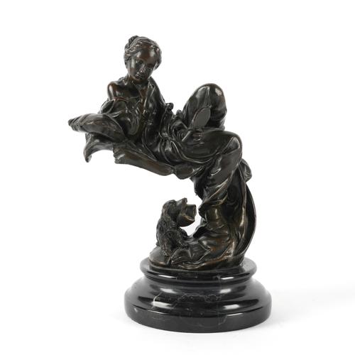 A FRENCH PATINATED BRONZE FIGURE OF A WOMAN WITH A MIRROR