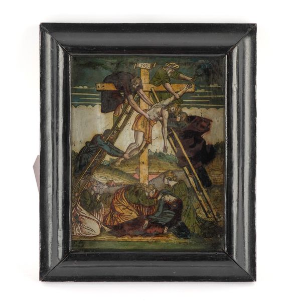 A CONTINENTAL REVERSE GLASS PAINTING DEPICTING THE CHRIST'S DEPOSITION FROM THE CROSS