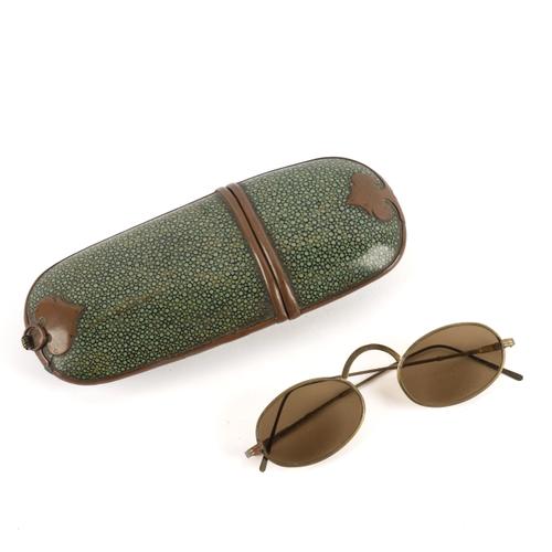 A SHAGREEN COPPER MOUNTED SPECTACLE CASE WITH BRASS AND TINTED SUN GLASSES (2)