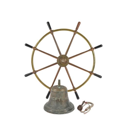 BROWN BROS & CO: A BRASS SHIP’S WHEEL, WITH A BELL FROM ‘NEPTUNE’ (2)
