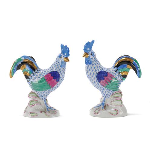 TWO HEREND BLUE FISHNET MODELS OF COCKERELS (2)