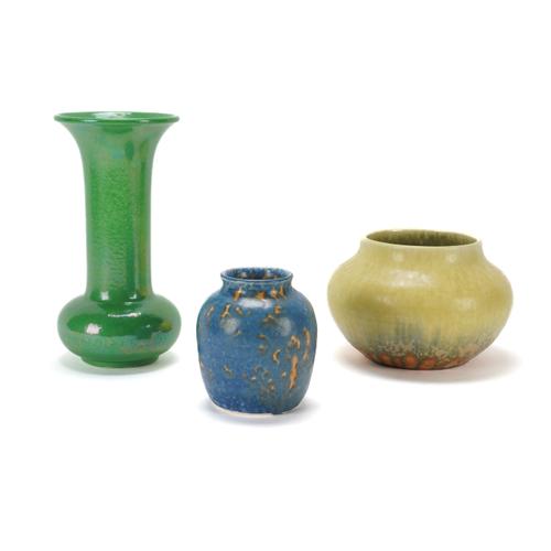 A RUSKIN GREEN GLAZED VASE (3)