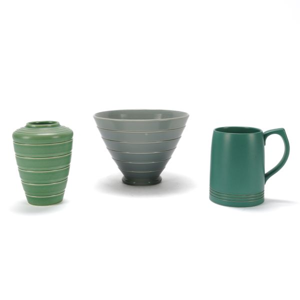 KEITH MURRAY ( 1892-1981) FOR WEDGWOOD. TWO VASES AND A MUG (3)