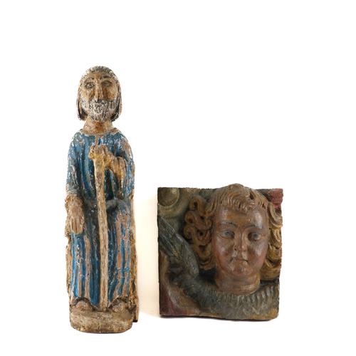 A NORTH EUROPEAN BAROQUE STYLE POLYCHROME DECORATED CARVED HEAD OF AN ANGEL (2)