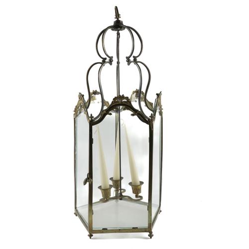 A BRASS GLAZED PENTAGONAL HALL LANTERN