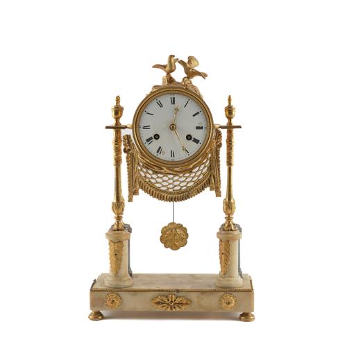 A FRENCH GILT-METAL AND MARBLE PORTICO CLOCK