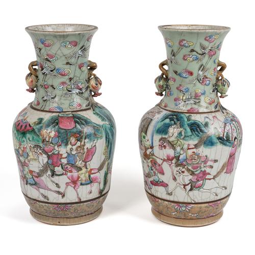 A PAIR OF CHINESE FAMILLE-ROSE CRACKLE-GLAZED BALUSTER VASES (2)