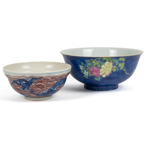 A CHINESE FAMILLE-ROSE BLUE GROUND BOWL (2)