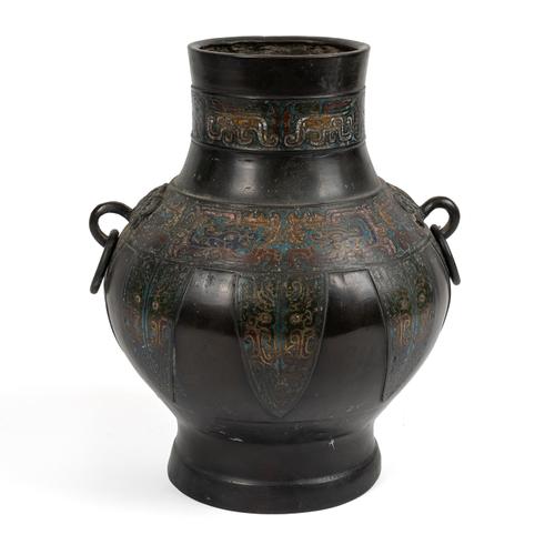 AN ARCHAISTIC BRONZE AND CHAMLEVE ENAMEL HU VASE