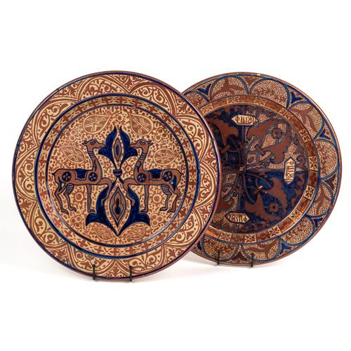 TWO LARGE HISPANO-MORESQUE STYLE COPPER LUSTRE AND BLUE DEEP DISHES (2)