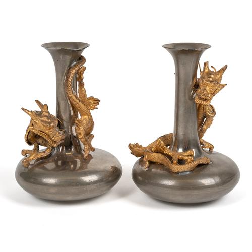 A PAIR OF SMALL JAPANESE SILVER PLATED BUD VASES (2)