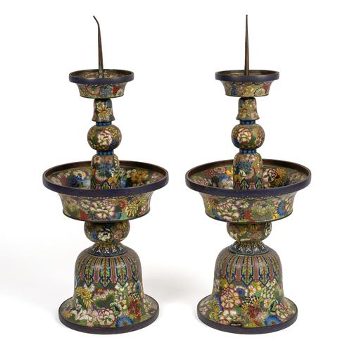 A PAIR OF TALL CHINESE CLOISONNE PRICKET CANDLESTICKS (2)