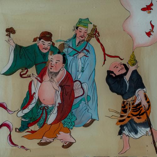 FOUR CHINESE RECTANGULAR REVERSE GLASS PAINTINGS DEPICTING THE EIGHT IMMORTALS (4)