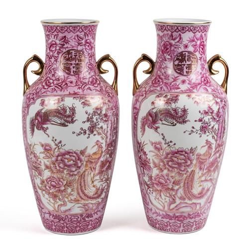 A PAIR OF TALL CHINESE PORCELAIN TWO HANDLED VASES (2)