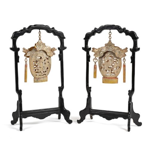 A PAIR OF CHINESE MOTHER OF PEARL CARVINGS OF LANTERNS