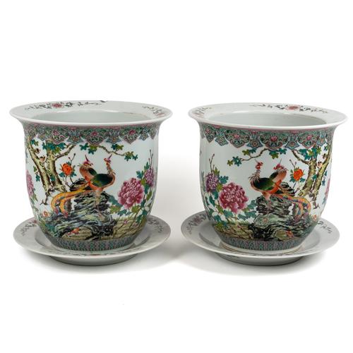A LARGE PAIR OF CHINESE FAMILLE ROSE JARDINIERES AND UNDERPLATES (4)