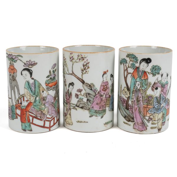 THREE CHINESE FAMILLE ROSE CYLINDRICAL VASES (3)