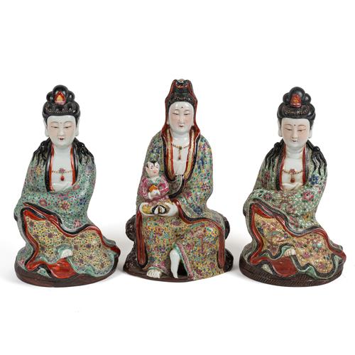 THREE CHINESE FAMILLE ROSE FIGURES OF GUANYIN (3)
