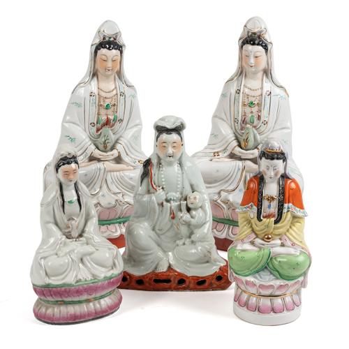 TWO SIMILAR FAMILLE ROSE FIGURES OF GUANYIN (5)