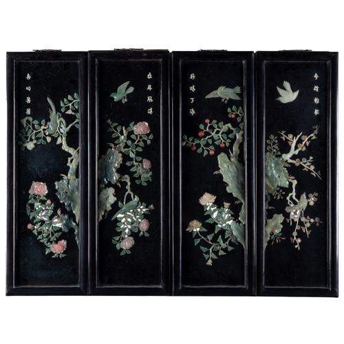 A SET OF FOUR CHINESE HARDSTONE INLAID BLACK LACQUER RECTANGULAR WALL PANELS (4)