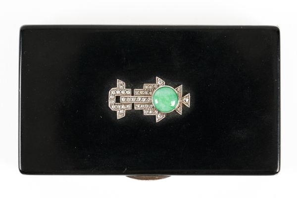 A CARTIER SILVER, BLACK ENAMELLED, JADE AND DIAMOND SET RECTANGULAR HINGE LIDDED BOX