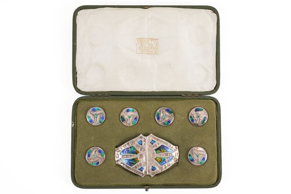 A LIBERTY AND CO SILVER AND ENAMELLED COMPOSITE BUCKLE AND BUTTON SET