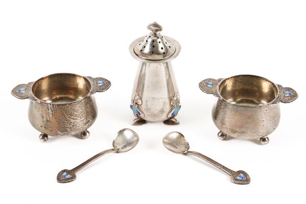 A GROUP OF SILVER AND ENAMELLED CONDIMENTS (5)