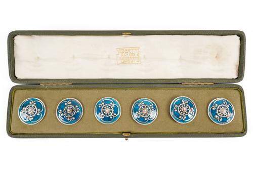A SET OF SIX SILVER PLATED AND BLUE ENAMELLED BUTTONS (6)