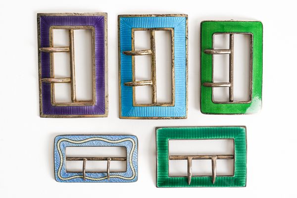 FIVE SILVER AND ENAMELLED RECTANGULAR BUCKLES (5)