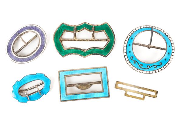 FIVE SILVER AND ENAMELLED BUCKLES (5)