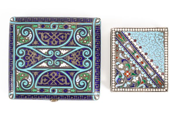 A RUSSIAN ENAMELLED CIGARETTE CASE AND AN ENAMELLED MATCHBOX SLIDE (2)