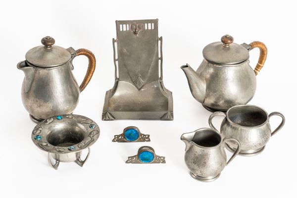 LIBERTY & CO: A PEWTER FOUR PIECE BACHELOR TEA AND COFFEE SERVICE (8)