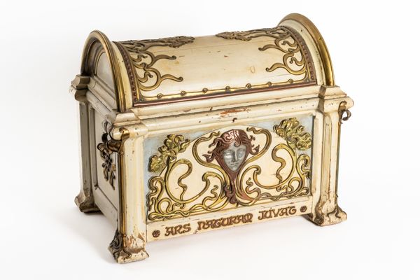 A NORTH EUROPEAN JUGENDSTIL STYLE CREAM PAINTED BRASS, COPPER AND PEWTER MOUNTED DOMED CASKET
