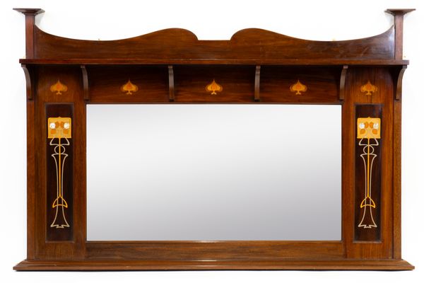 AN ART NOVEAU MARQUETRY INLAID MAHOGANY OVERMANTEL MIRROR