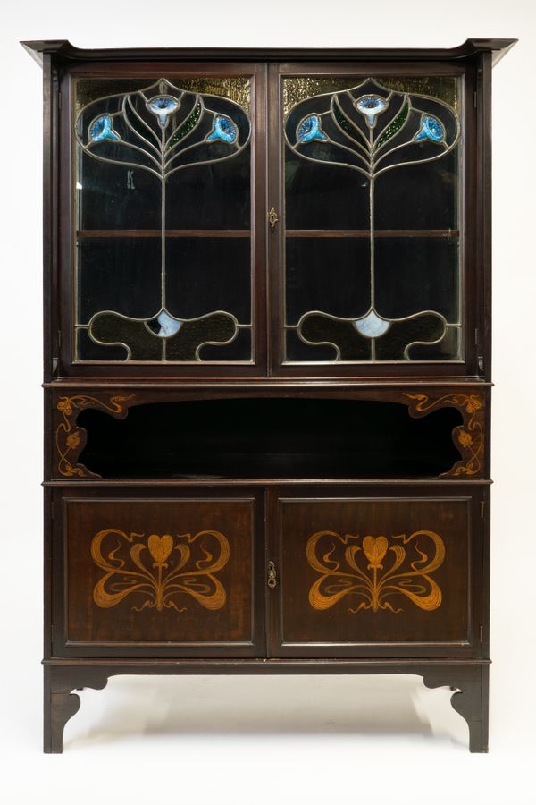 AN ART NOUVEAU FLORAL MARQUETRY INLAID MAHOGANY DISPLAY CABINET CUPBOARD