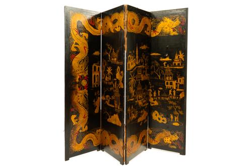 A LATE 19TH CENTURY CHINESE EXPORT CHINOISERIE DECORATED FOUR FOLD SCREEN