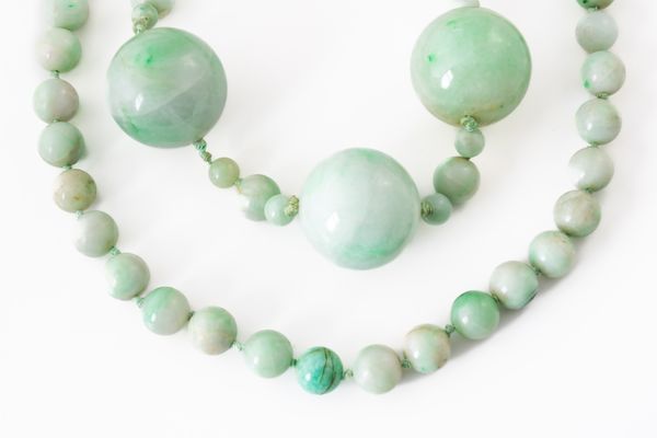 TWO JADEITE JADE BEAD NECKLACES (2)